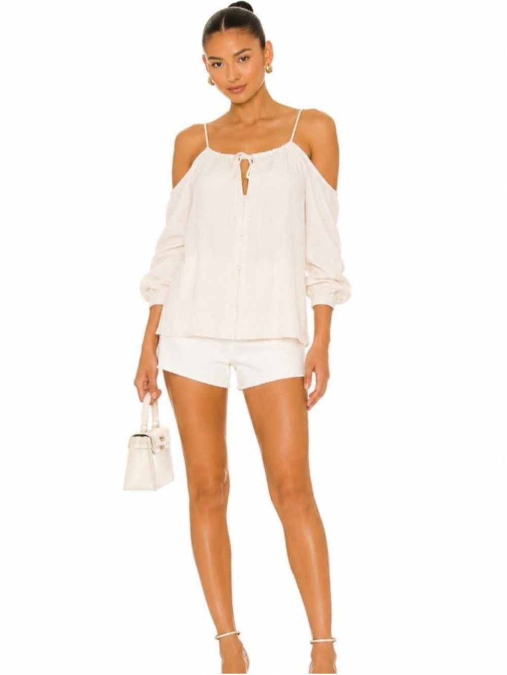 Lumiere White Cold Shoulder Blouse Small Boho Tie Front Long Sleeve Top NWT